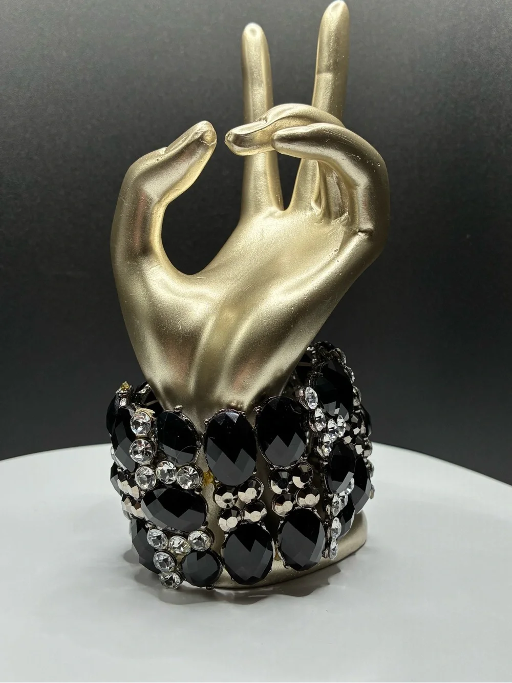 Bold Vintage Black & Silver Crystal Stretch Statement Bracelet